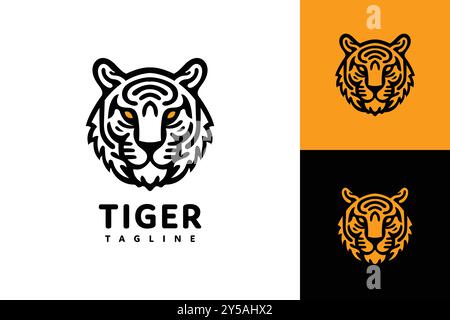 Line Art Tigerkopf-Logo mit dicken schwarzen Linien und orangefarbenen Augen, das seine Stärke und Wildheit zum Ausdruck bringt Stock Vektor