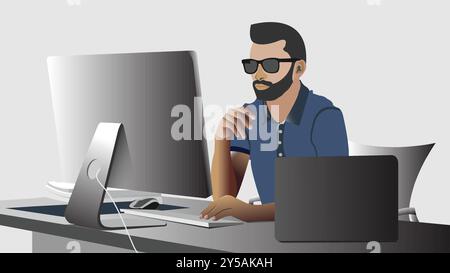 Gutaussehender, intelligenter Geschäftsmann, der ein blaues T-Shirt und Sonnenbrille trägt und auf einem Desktop in Büro-Flat-Vektor-Illustration arbeitet Stock Vektor