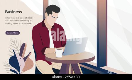 Geschäftsmann, der auf Laptop mit Kaffee in Büro-flache Vektor-Illustration arbeitet Stock Vektor