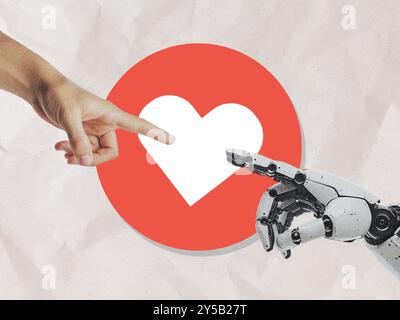 Ein Roboterhand- und Humenhand-Touch-Herz, Mensch-Roboter-Zusammenarbeit, zeitgenössische Kunstcollage, modernes Design Stockfoto