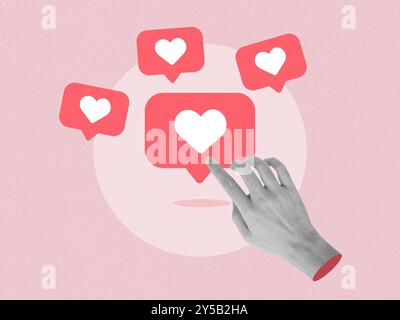 Feedback aus sozialen Medien, pinkfarbener Hintergrund, zeitgenössische Kunstcollage, modernes Design Stockfoto