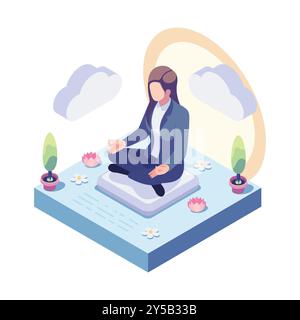 Isometrische Geschäftsfrau, die Achtsamkeit in der Natur praktiziert. Mentales Gesundheitsbewusstsein und Achtsamkeitskonzept Stock Vektor