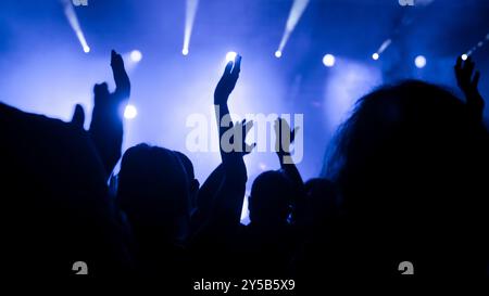 Konzertsaal voller Musikfans, die während der Live-Vorstellung die Hände hoch halten Stockfoto