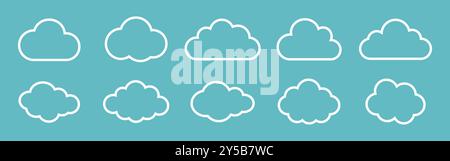 Vektordarstellung der Punktewolken. Clouds Kollektion im Outline-Stil. Weiß bewölktes Set isoliert auf blauem Hintergrund. Symbole für weiße Wolken. Stock Vektor