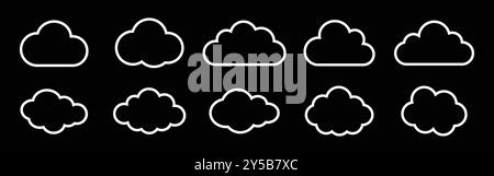 Vektordarstellung der Punktewolken. Clouds Kollektion in Gliederung. Weiß bewölkt, isoliert auf schwarzem Hintergrund. Weiße Wolken unterschiedlicher Formen. Stock Vektor