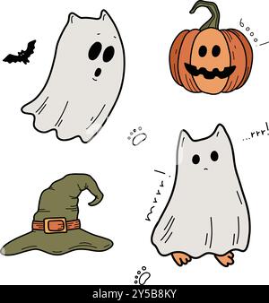 Traditionelle Halloween-Symbole: Geister, Geisterkatze, Kürbis, Hexenhut, Trank, Kerzen, Spinne, Spinnennetz, Nacht. Gezeichneter Vektor isoliert auf weiß, Kritzelei Stock Vektor