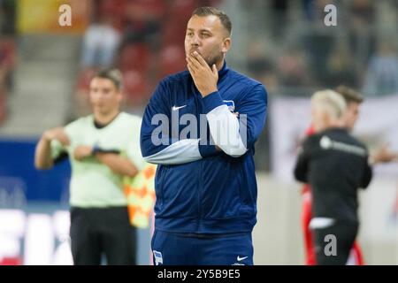 Halle, Deutschland. September 2024. Halle, Deutschland 20. September 2024: Regionalliga Nord/Ost - 2024/2025 - Hallescher FC gegen Hertha BSC II im Bild: Trainer Rejhan Hasanovic (Berlin) nachdenklich auf dem Spielfeld. Quelle: dpa/Alamy Live News Stockfoto