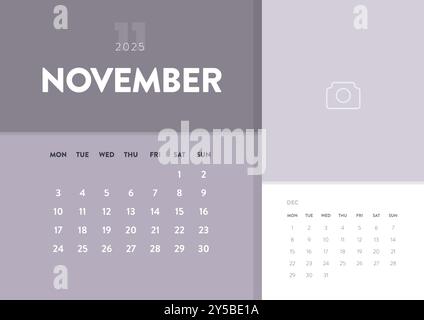 Kalender monatlich November 2025 Vorlagenvektor. Schreibtisch, Wandkalender zum Drucken, digitaler Kalender oder Planer. Woche beginnt am Montag. Jahresfeiertag kalen Stock Vektor