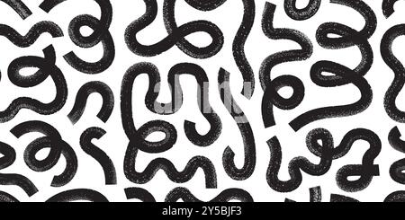 Abstrakte geometrische, kräftige Linien, Schnörkel, Schleifen. Pinselstriche mit Schleiftinte, nahtloses Muster mit Doodle-Linien. Stock Vektor