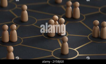 Nahaufnahme bunter Holzpfähle auf miteinander verbundenen Kreisen. Das Konzept der Zusammenhänge. 3D-Abbildung.3D-Rendering auf schwarzem Hintergrund. Stockfoto