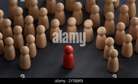 Diskriminierungs- und Inklusionskonzept. Die Holzfiguren umgeben das rote One.3D-Rendering auf schwarzem Hintergrund. Stockfoto