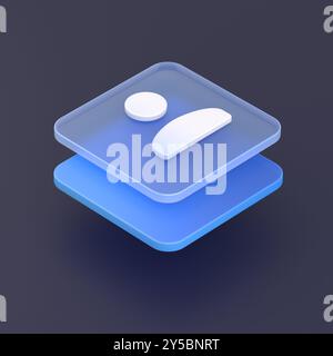 Cartoon-Symbol Mockup. Volumetrische weiße quadratische Schablone mit blauem Humanpiktogramm. Ideal für Web-, Social Media- und mobile Apps.3D-Rendering auf schwarzem Hintergrund Stockfoto