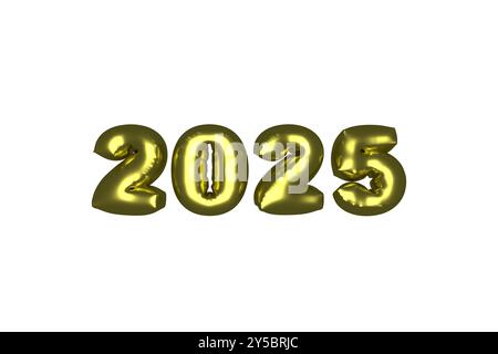 2025 Jahre Glossy aufgeblasener Ballon Goldene Zahlen über weißem Hintergrund Stockfoto