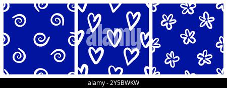 Naives, verspieltes, nahtloses Muster mit Doodle Hearts, Daisy und Squiggle. Moderne, minimalistische, trendige Hintergründe für Kinder in Blau. Trendiger Boho-Stil auf pfirsichfarbenem Hintergrund. Stock Vektor