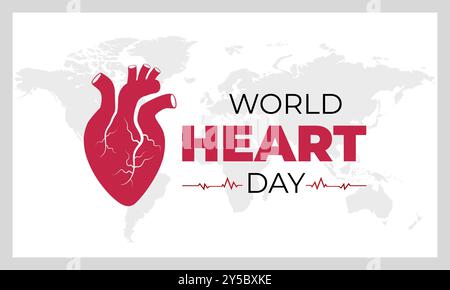 World Heart Day Design mit menschlicher Herzform, Herzschlagzeichen und Weltkartenhintergrund. Stock Vektor