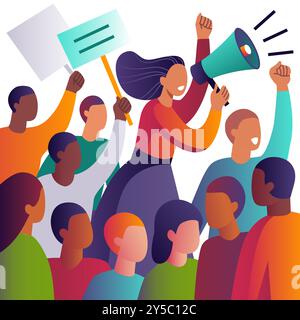 Lebendige, stilisierte Illustration, die eine vielfältige Gruppe von Menschen in einem Protest, einer politischen Versammlung, einer Parade oder einer Kundgebung in modernem und abstraktem Stil darstellt, mit glatten Linien und kräftigen Farben. Stock Vektor