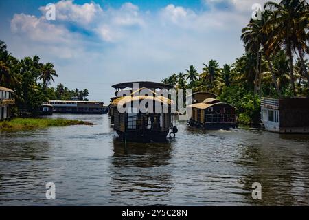 Hausboote fahren entlang der Alappuzha Backwaters im indischen Bundesstaat Kerala. Wird als Venedig des Ostens bezeichnet. Stockfoto