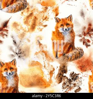 Seamless Autumn Fox Aquarellmuster Stockfoto