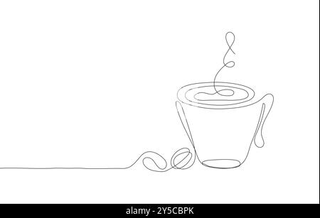 Kontinuierliche Strichzeichnung einer Kaffeetasse mit Kaffeebohnen. Diese minimalistische Illustration fängt das Wesen einer warmen, wohltuenden Tasse Kaffee ein Stock Vektor