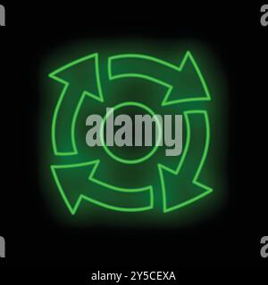 Grünes Neonschild mit vier Pfeilen, die einen Kreis auf schwarzem Hintergrund bilden Stock Vektor