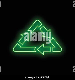 Grünes Neon-Recycling-Symbol leuchtet auf schwarzem Hintergrund Stock Vektor