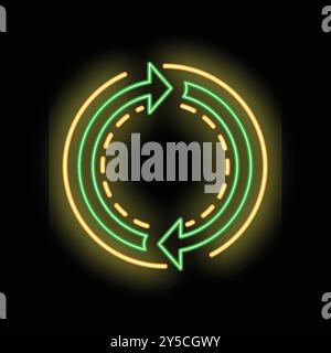 Kreisförmige rotierende Pfeile Neonzeichen auf schwarzem Hintergrund, die einen laufenden Prozess anzeigen Stock Vektor