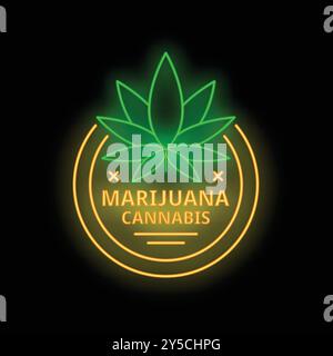 Neonschild mit einem Cannabisblatt in einem Kreis, das Marihuana und Cannabis fördert Stock Vektor