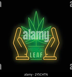 Neonschild mit zwei Händen, die ein Cannabisblatt halten, mit dem Text „medizinisches Blatt“ darunter, auf schwarzem Hintergrund Stock Vektor
