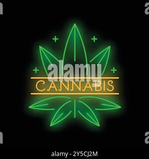 Grün-orangefarbenes Neonschild mit Cannabisblatt-Logo, glühend auf schwarzem Hintergrund Stock Vektor