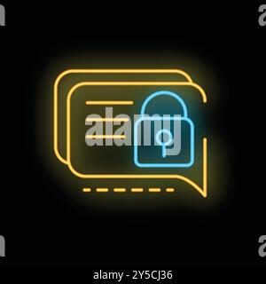 Leuchtendes Neonschild, das eine Chat-Blase mit geschlossenem Vorhängeschloss darstellt und eine sichere und verschlüsselte Kommunikation symbolisiert Stock Vektor