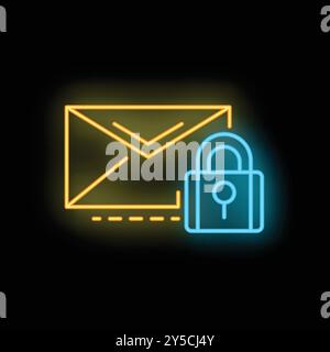 Neonglühendes Symbol eines geschlossenen Vorhängeschlosses, das einen E-Mail-Umschlag sichert und für Cybersicherheit und Datenschutz steht Stock Vektor
