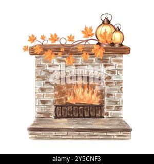 Brennender Kamin mit Ahornblättern und Vintage-Laterne auf Holzregal. Handgezeichnete Aquarellillustration im Vintage-Stil. Gemütliches Herbstdesign Stockfoto