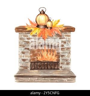 Brennender Kamin mit Ahornblättern und Vintage-Laterne auf Holzregal. Handgezeichnete Aquarellillustration im Vintage-Stil. Gemütliches Herbstdesign Stockfoto