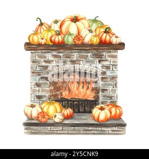 Brennender Kamin mit Kürbissen in verschiedenen Farben auf Holzregal. Handgezeichnete Aquarellillustration isoliert. Gemütliches Herbstdesign Stockfoto