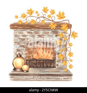 Brennender Kamin mit Ahornblättern und Vintage-Laterne auf Holzregal. Handgezeichnete Aquarellillustration im Vintage-Stil. Gemütliches Herbstdesign Stockfoto