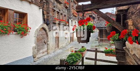 Die schönsten Schweizer Dörfer - hübsches Griementz mit traditionellen Holzhäusern und Blumenstraßen. Beliebte Touristenattraktion im Walliser Kanton SWI Stockfoto