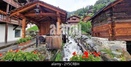 Die schönsten Schweizer Dörfer - hübsches Griementz mit traditionellen Holzhäusern und Blumenstraßen. Beliebte Touristenattraktion im Walliser Kanton SWI Stockfoto