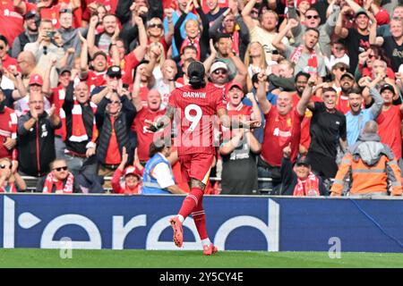 Liverpool, Großbritannien. September 2024. Darwin Núñez aus Liverpool feiert sein Ziel, es 3-0 Liverpool während des Premier League-Spiels Liverpool gegen Bournemouth in Anfield, Liverpool, Vereinigtes Königreich, 21. September 2024 (Foto: Cody Froggatt/News Images) in Liverpool, Vereinigtes Königreich am 21. September 2024 zu erreichen. (Foto: Cody Froggatt/News Images/SIPA USA) Credit: SIPA USA/Alamy Live News Stockfoto