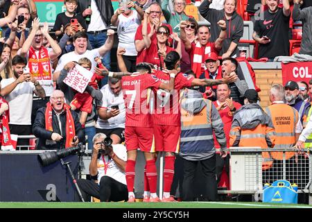 Liverpool, Großbritannien. September 2024. Darwin Núñez aus Liverpool feiert sein Ziel, es 3-0 Liverpool während des Premier League-Spiels Liverpool gegen Bournemouth in Anfield, Liverpool, Vereinigtes Königreich, 21. September 2024 (Foto: Cody Froggatt/News Images) in Liverpool, Vereinigtes Königreich am 21. September 2024 zu erreichen. (Foto: Cody Froggatt/News Images/SIPA USA) Credit: SIPA USA/Alamy Live News Stockfoto