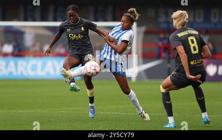 Crawley, Großbritannien. September 2024. Jorelyn Carabali von Brighton fordert Toni Payne von Everton während des Spiels der Barclays Women's Super League zwischen Brighton & Hove Albion und Everton im Broadfield Stadium heraus. Quelle: Telephoto Images/Alamy Live News Stockfoto