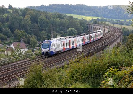 Eisenbahnverkehr auf dem Eisenbahnviadukt Altenbeken. S-Bahn Zug der S-Bahn Hannover Transdev Hannover, S5 Paderborn - Hannover Flughafen. Stadler Flirt 3XL Triebzüge. Altenbeken, Nordrhein-Westfalen, DEU, Deutschland, 03.09.2024 *** Eisenbahnverkehr auf dem Altenbeken-Eisenbahnviadukt S-Bahn-Zug der S-Bahn Hannover Transdev Hannover , S5 Paderborn Hannover Flughafen Stadler Flirt 3XL werden Triebzüge verwendet Altenbeken, Nordrhein Westfalen, DEU, Deutschland, 03 09 2024 Stockfoto