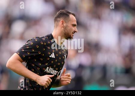 Torino, Italien. September 2024. Juventus' Federico Gatti während des Fußballspiels der Serie A zwischen Juventus FC und SSC Napoli im Juventus-Stadion in Turin, Nordwesten Italiens - 21. September 2024. Sport - Fußball (Foto: Fabio Ferrari/LaPresse) Credit: LaPresse/Alamy Live News Stockfoto