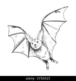 Halloween-Illustration. Fledermaus handgezeichnet mit schwarzem Liner und auf Vektor übertragen, isoliert auf weißem Hintergrund. Geeignet zum Bedrucken auf Karten, Hallo Stock Vektor