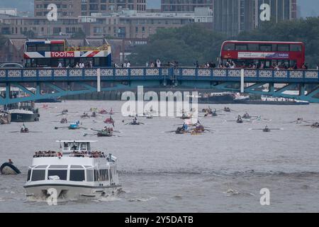 London, Großbritannien. September 2024. Das Great River Race passiert in der Nähe der London Tower Bridge. Ca. 300 Boote und ihre Besatzungen treten an diesem internationalen Event an, das 21,6 Meilen auf der Themse von Millwall bis Richmond zurücklegt. Ursprünglich im Jahr 1988 mit 61 Booten, die von einer Gruppe von Enthusiasten besetzt waren, angefangen von jungen Pfadfindern bis hin zu gehärteten Offshore-Ruderveteranen, die aus verschiedenen Organisationen wie Ruderclubs, Pubs, Schulen, Bootsverbänden und den bewaffneten Diensten stammen. Guy Corbishley/Alamy Live News Stockfoto