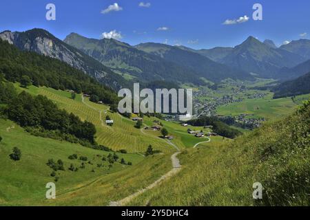 Blick auf Au und Schoppernau im Bregenzerwald, Vorarlberg, Österreich, Blick auf Au und Schoppernau im Bregenzerwald, Vorarlberg, Österreich, Europa Stockfoto