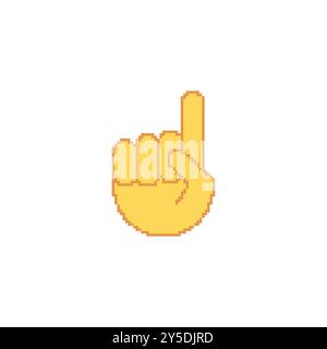 Abbildung der pixelförmigen Zeigehand. Einfache gelbe Hand mit dem Zeigefinger nach oben. Stock Vektor
