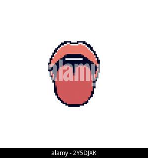 Pixel Art Mund mit herausstehender Zunge. Retro-Pixeldesign für Mund und Zunge im minimalistischen Stil. Stock Vektor