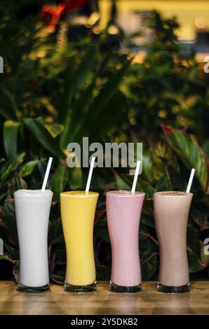Gemischte Bio-Kokos-, Erdbeeren-, Schokoladen- und Mangoeis-Milchshakes Stockfoto