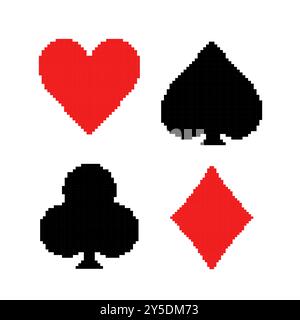 Pixelige Spielkarte passt zur Illustration. Einfache Pixelkunst mit Herzen, Pik, Schlägern und Diamanten in Rot und Schwarz. Stock Vektor