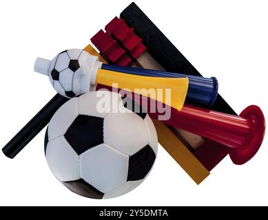 Wichtiges Zubehör für Fußball, Tasche, Ratsche und Ball Stockfoto